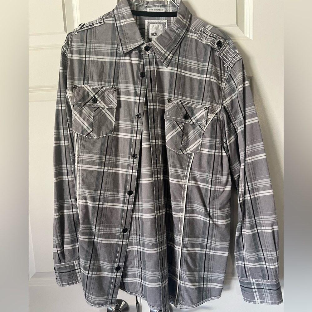 Buckle button down shirt - long sleeve grey and white